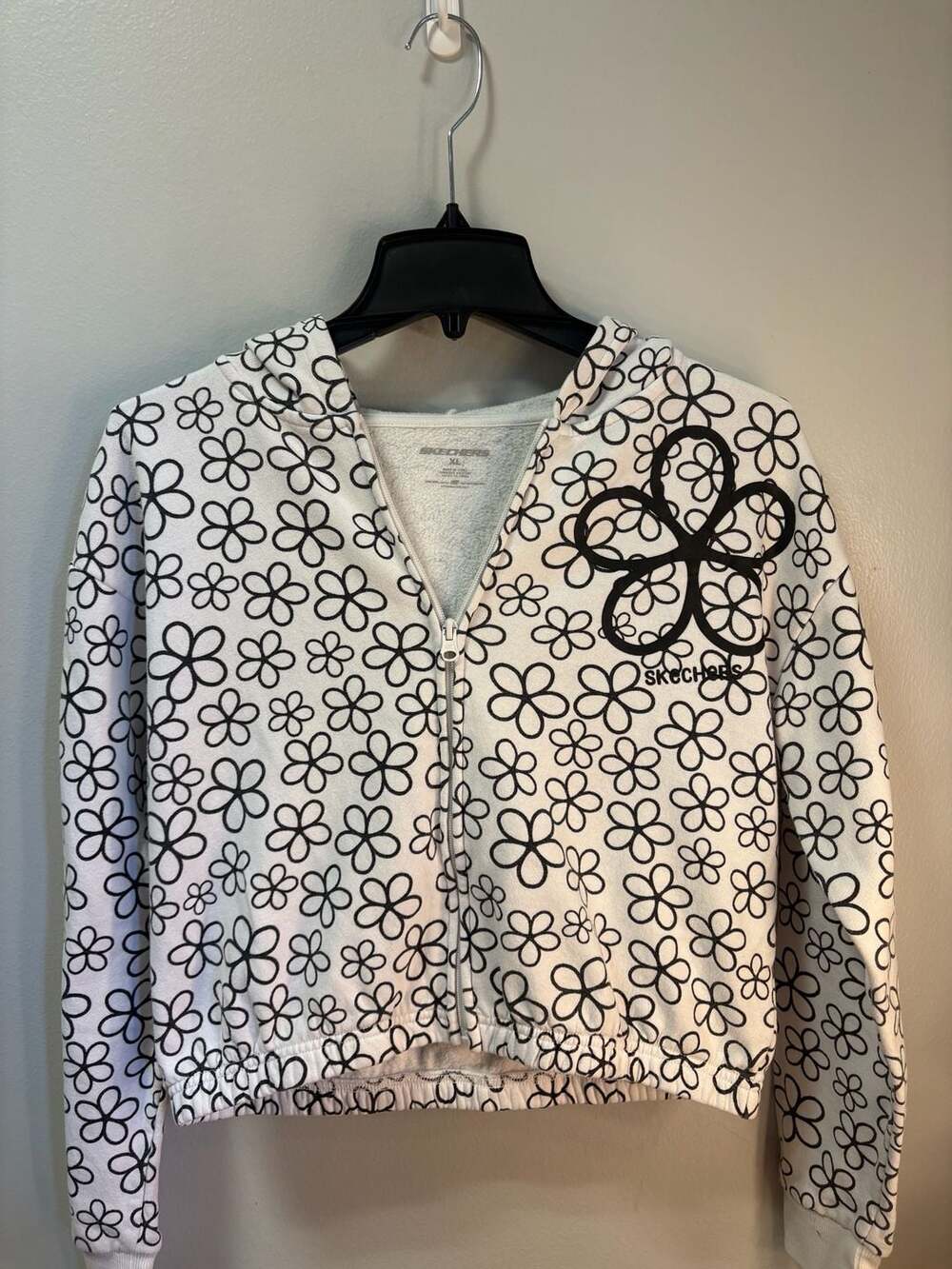 Skechers White Floral Zip-Up Hoodie, Size XL Kids, XS , Small adult